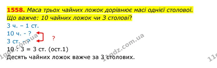 1558. Маса трьох чайних ложок дорівнює масі однієї столової. — ГДЗ Математика 5 клас Бевз