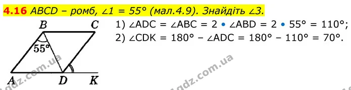 4.16 ABCD – ромб, ∠1 = 55° (мал.4.9). Знайдіть ∠3. — ГДЗ Геометрія 8 клас Істер