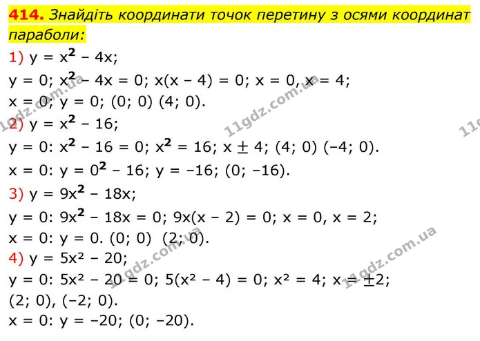 414. Знайдіть координати точок перетину з осями координат — ГДЗ Алгебра 9 клас Тарасенкова