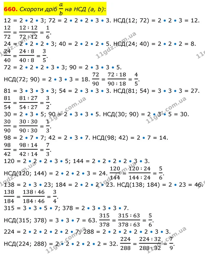 660. Скороти дріб ab на НСД (a, b): — ГДЗ Математика 6 клас Бевз 1-2 ч.