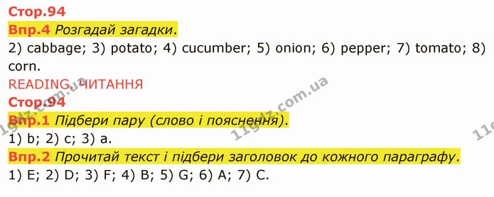 Впр.4 Розгадай загадки. 2) cabbage; 3) potato; 4) cucumber; 5) onion; 6) pepper; 7) tomato; 8) corn. — ГДЗ Англійська мова 6 клас Карпюк 2014