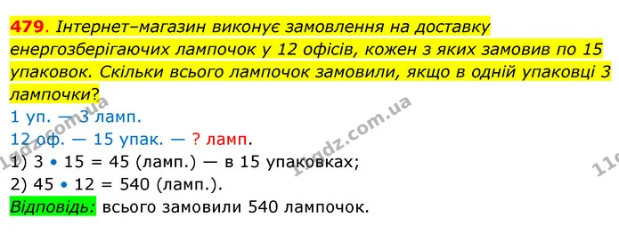 479. Інтернет–магазин виконує замовлення на доставку енергозберігаючих лампочок у 12 офісів, кожен з яких замовив по 15 упаковок — ГДЗ Математика 3 клас Бевз 2 частина