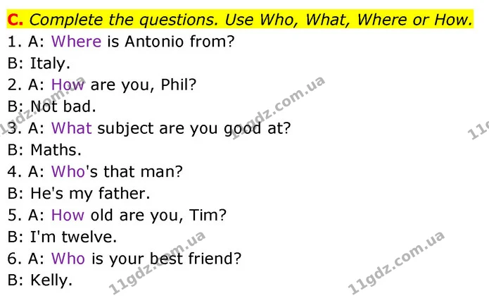 C. Complete the questions. Use Who, What, Where or How. — ГДЗ Збірник тестів Англійська мова 5 клас Мітчелл (Test Booklet)