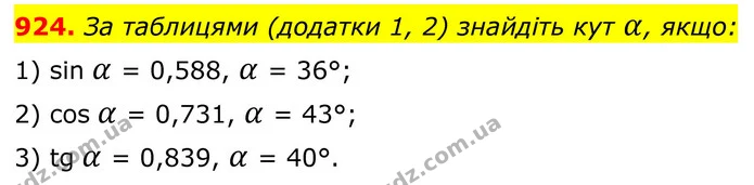 924. За таблицями (додатки 1, 2) знайдіть кут α, якщо: 1) sinа = 0,588; 2) cos а = 0,731; 3) tg a = 0,839. — ГДЗ Геометрія 8 клас Бурда
