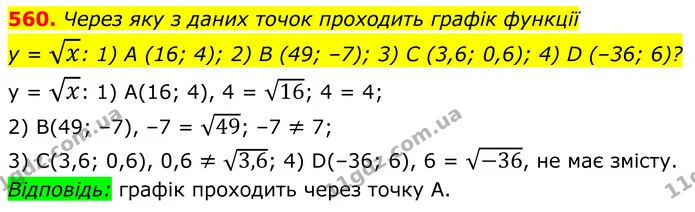 560. Через яку з даних точок проходить графік функції — ГДЗ Алгебра 8 клас Мерзляк
