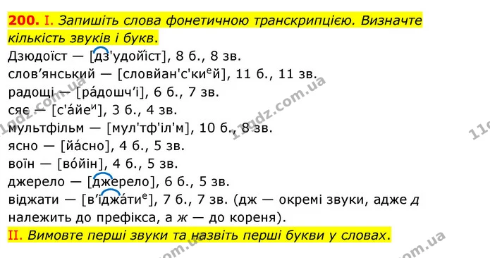 200. І. Запишіть слова фонетичною транскрипцією. Визначте кількість звуків і букв. — ГДЗ Українська мова 5 клас Заболотний 2022