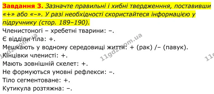 3. Зазначте правильні і хибні твердженння, поставивши «+» або «–». У разі необхідності скористайтеся інформацією у підручнику (стор — ГДЗ Робочий зошит Біологія 7 клас Мирна 2024