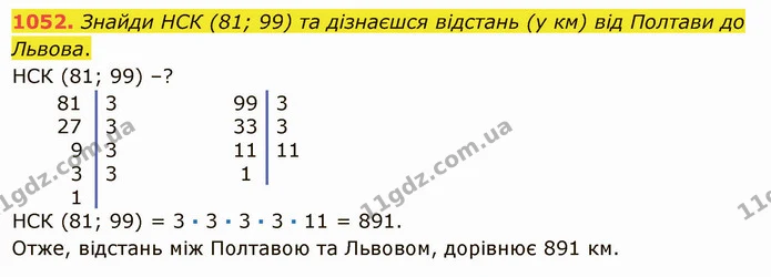 1052. Знайди НСК (81; 99) та дізнаєшся відстань (у км) від Полтави до Львова. — ГДЗ Математика 5 клас Істер 2022