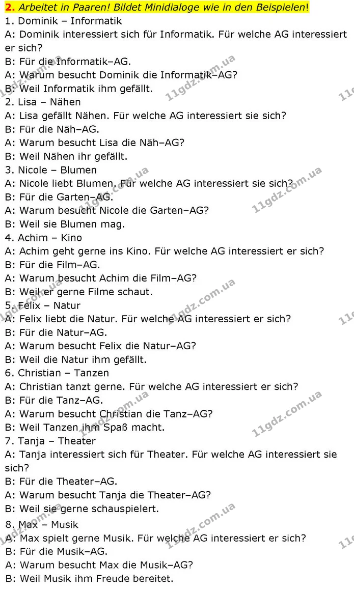 2. Arbeitet in Paaren! Bildet Minidialoge wie in den Beispielen! — ГДЗ Німецька мова 7 клас Басай