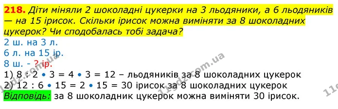 218. Діти міняли 2 шоколадні цукерки на 3 льодяники, а 6 льодяників — на 15 ірисок. Скільки ірисок можна виміняти за 8 шоколадних — ГДЗ Математика 3 клас Лишенко (1, 2 частина)