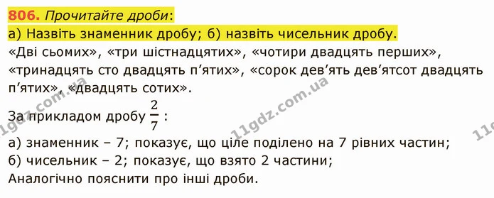 806. Прочитайте дроби: — ГДЗ Математика 5 клас Тарасенкова 2022
