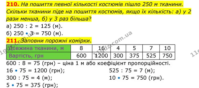 210. На пошиття певної кількості костюмів пішло 250 м тканини. Скільки тканини піде на пошиття костюмів, якщо їх кількість: а) у 2 рази — ГДЗ Математика 6 клас Бевз 1-2 ч.