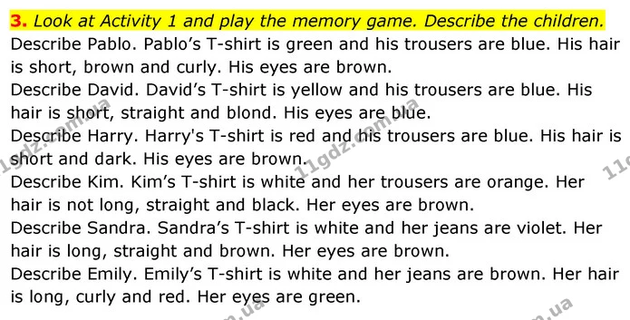 3. Look at Activity 1 and play the memory game. Describe the children. — ГДЗ Англійська мова 3 клас Пухта