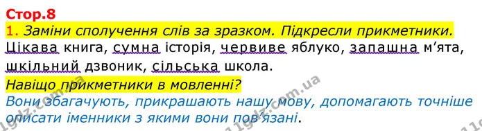 1. Заміни сполучення слів за зразком. Підкресли прикметники. — ГДЗ Українська мова та читання 3 клас Большакова 1-2 ч.