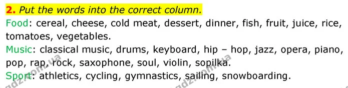 2. Put the words into the correct column. — ГДЗ Англійська мова 6 клас Коста (Prepare 6)