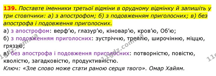 139. Поставте іменники третьої відміни в орудному відмінку й запишіть у три стовпчики: а) з апострофом; б) з подовженням приголосних — ГДЗ Українська мова 6 клас Ворон, Солопенко