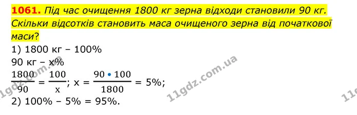 1061. Під час очищення 1800 кг зерна відходи становили 90 кг. Скільки відсотків становить маса очищеного зерна від початкової маси? — ГДЗ Математика 6 клас Кравчук 2023