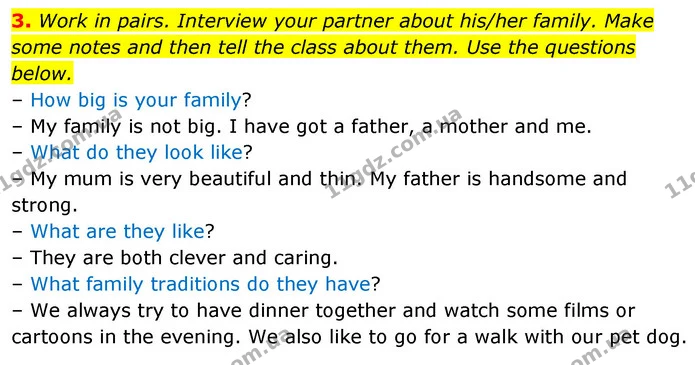 3. Work in pairs. Interview your partner about his/her family. Make some notes and then tell the class about them. Use the questions — ГДЗ Англійська мова 6 клас Карпюк 2023