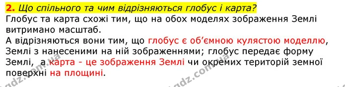 2. Що спільного та чим відрізняються глобус і карта? — ГДЗ Природознавство 5 клас Коршевнюк