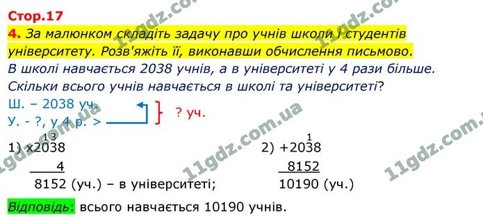 4. За малюнком складіть задачу про учнів школи і студентів університету. Розв'яжіть її, виконавши обчислення письмово. — ГДЗ Математика 4 клас Логачевська 1-2 ч. 2021