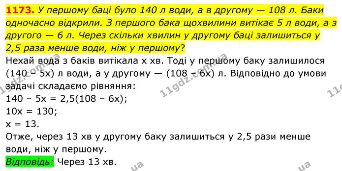 1173. У першому баці було 140 л води, а в другому — 108 л. Баки одночасно відкрили. З першого бака щохвилини витікає 5 л води, а з — ГДЗ Математика 6 клас Мерзляк 2023 1-2 ч.