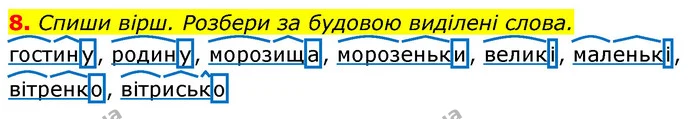 8. Спиши вірш. Розбери за будовою виділені слова. — ГДЗ Українська мова 3 клас Пономарьова 2020