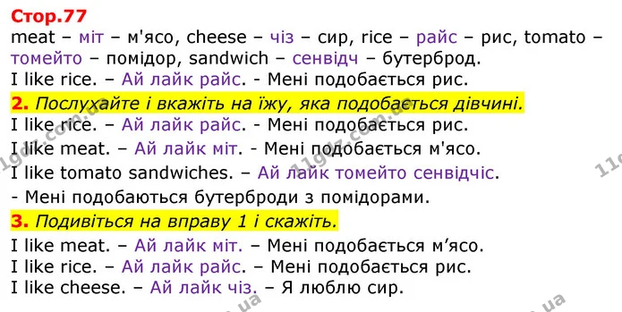 2. Послухайте і вкажіть на їжу, яка подобається дівчині. — ГДЗ Англійська мова 2 клас Мітчелл