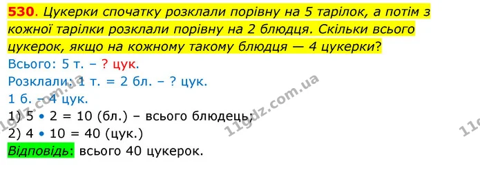 530. Цукерки спочатку розклали порівну на 5 тарілок, а потім з кожної тарілки розклали порівну на 2 блюдця. Скільки всього цукерок — ГДЗ Математика 3 клас Бевз 2 частина
