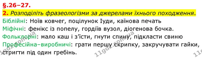 2. Розподіліть фразеологізми за джерелами їхнього походження. — ГДЗ Українська мова 6 клас Авраменко