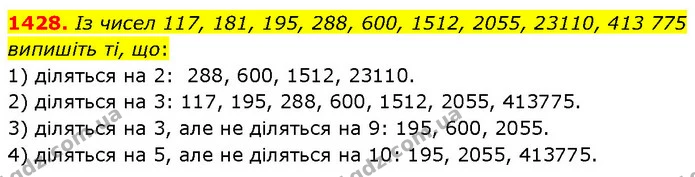 1428. Із чисел 117, 181, 195, 288, 600, 1512, 2055, 23110, 413 775 випишіть ті, що: — ГДЗ Математика 6 клас Кравчук 2023