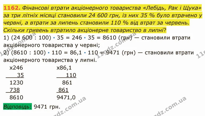 1162. Фінансові втрати акціонерного товариства «Лебідь, Рак і Щука» за три літніх місяці становили 24 600 грн, із них 35 % було — ГДЗ Математика 5 клас Мерзляк