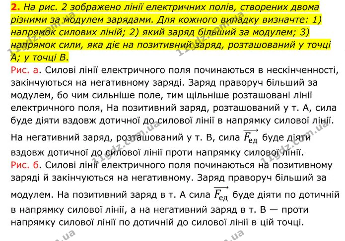 2. На рис. 2 зображено лінії електричних полів, створених двома різними за модулем зарядами. — ГДЗ Фізика 8 клас Бар'яхтар