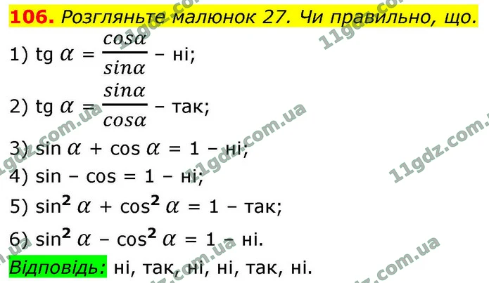 106. Розгляньте малюнок 27. Чи правильно, що. — ГДЗ Геометрія 9 клас Бурда 2026