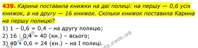 439. Карина поставила книжки на дві полиці: на першу — 0,6 усіх книжок, а на другу — 16 книжок. Скільки книжок поставила Карина на — ГДЗ Математика 6 клас Кравчук 2023