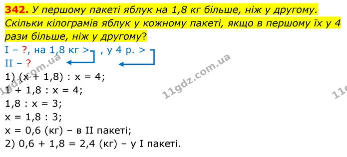 342. У першому пакеті яблук на 1,8 кг більше, ніж у другому. Скільки кілограмів яблук у кожному пакеті, якщо в першому їх у 4 рази — ГДЗ Математика 6 клас Кравчук 2023