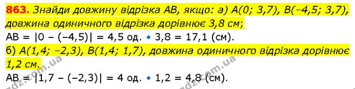 863. Знайди довжину відрізка AB, якщо: а) A(0; 3,7), B(–4,5; 3,7), довжина одиничного відрізка дорівнює 3,8 см; — ГДЗ Математика 6 клас Бевз 1-2 ч.
