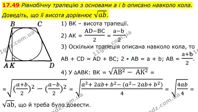 17.49 Рівнобічну трапецію з основами a і b описано навколо кола. Доведіть, що її висота дорівнює ab. — ГДЗ Геометрія 8 клас Істер