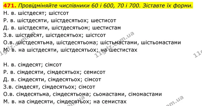 471. Провідміняйте числівники 60 і 600, 70 і 700. Зіставте їх форми. — ГДЗ Відповіді Українська мова 6 клас Єрмоленко