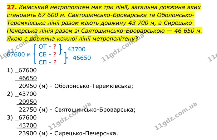 27. Київський метрополітен має три лінії, загальна довжина яких становить 67 600 м. Святошинсько–Броварська та Оболонсько–Теремківська — ГДЗ Математика 4 клас Бевз 1 та 2 частини