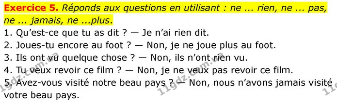 Exercice 5. Réponds aux questions en utilisant : ne ... rien, ne ... pas, ne ... jamais, ne ...plus. — ГДЗ Французька мова 7 клас Чумак