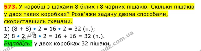 573. У коробці з шахами 8 білих і 8 чорних пішаків. Скільки пішаків у двох таких коробках? Розв’яжи задачу двома способами — ГДЗ Математика 3 клас Будна 1-2 ч.