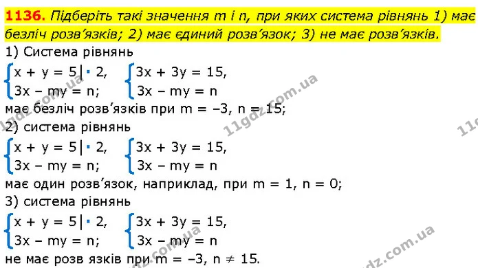 1136. Підберіть такі значення m і n, при яких система рівнянь 1) має безліч розв’язків; 2) має єдиний розв’язок; 3) не має розв’язків. — Алгебра 7 клас Мерзляк 2024