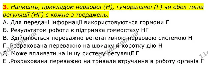 3. Напишіть, прикладом нервової (Н), гуморальної (Г) чи обох типів регуляції (НГ) є кожне з тверджень. — ГДЗ Робочий зошит Біологія 8 клас Задорожний