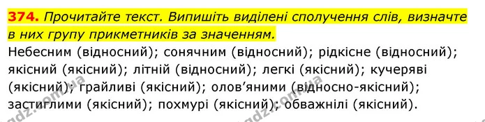 374. Прочитайте текст. Випишіть виділені сполучення слів, визначте в них групу прикметників за значенням. — ГДЗ Відповіді Українська мова 6 клас Єрмоленко