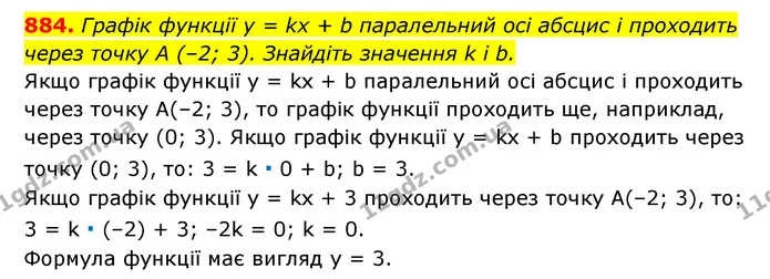 884. Графік функції y = kx + b паралельний осі абсцис і проходить — ГДЗ Алгебра 7 клас Мерзляк, Полонський 2015