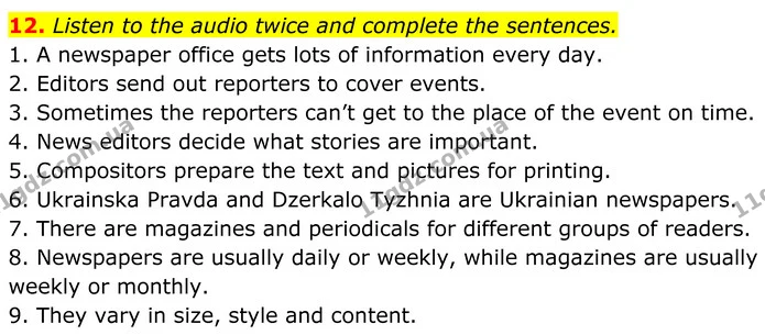 12. Listen to the audio twice and complete the sentences. — ГДЗ Англійська мова 8 клас Карпюк 2025