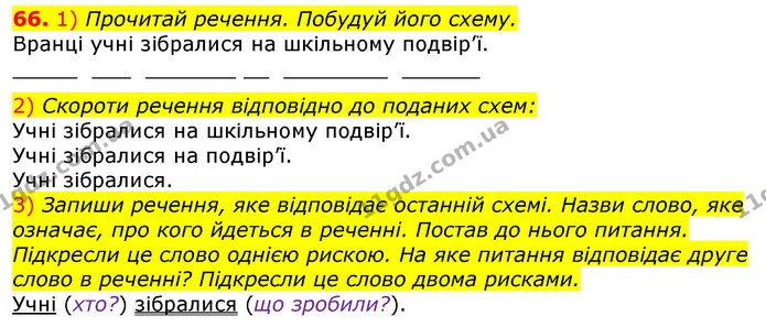 66. 1) Прочитай речення. Побудуй його схему. — ГДЗ Українська мова та читання 3 клас Коваленко (1 частина)