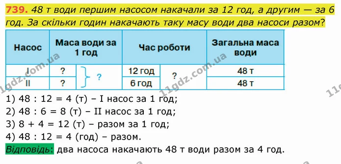 739. 48 т води першим насосом накачали за 12 год, а другим — за 6 год. За скільки годин накачають таку масу води два насоси разом? — ГДЗ Математика 4 клас Оляницька