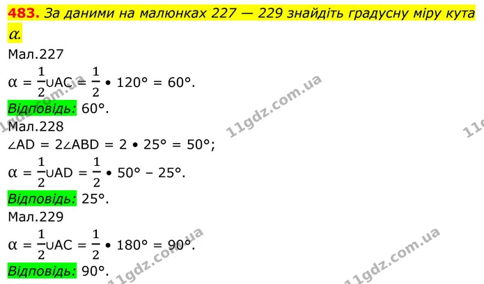 483. За даними на малюнках 227 — 229 знайдіть градусну міру кута α. — ГДЗ Геометрія 8 клас Бурда