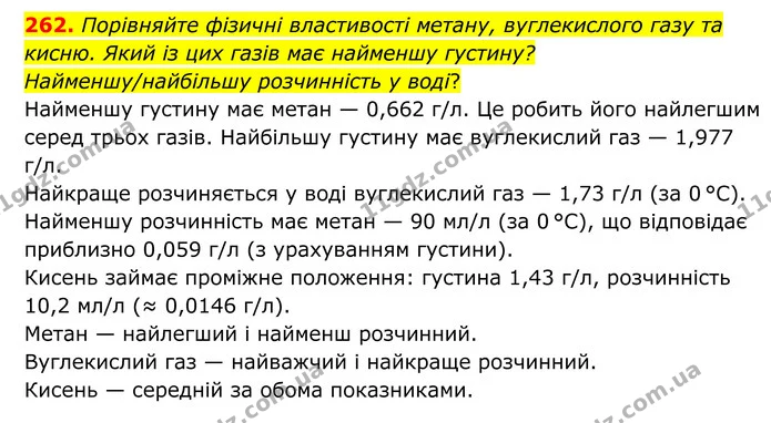 262. Порівняйте фізичні властивості метану, вуглекислого газу та кисню. Який із цих газів має найменшу густину? Найменшу/найбільшу — ГДЗ Хімія 8 клас Григорович